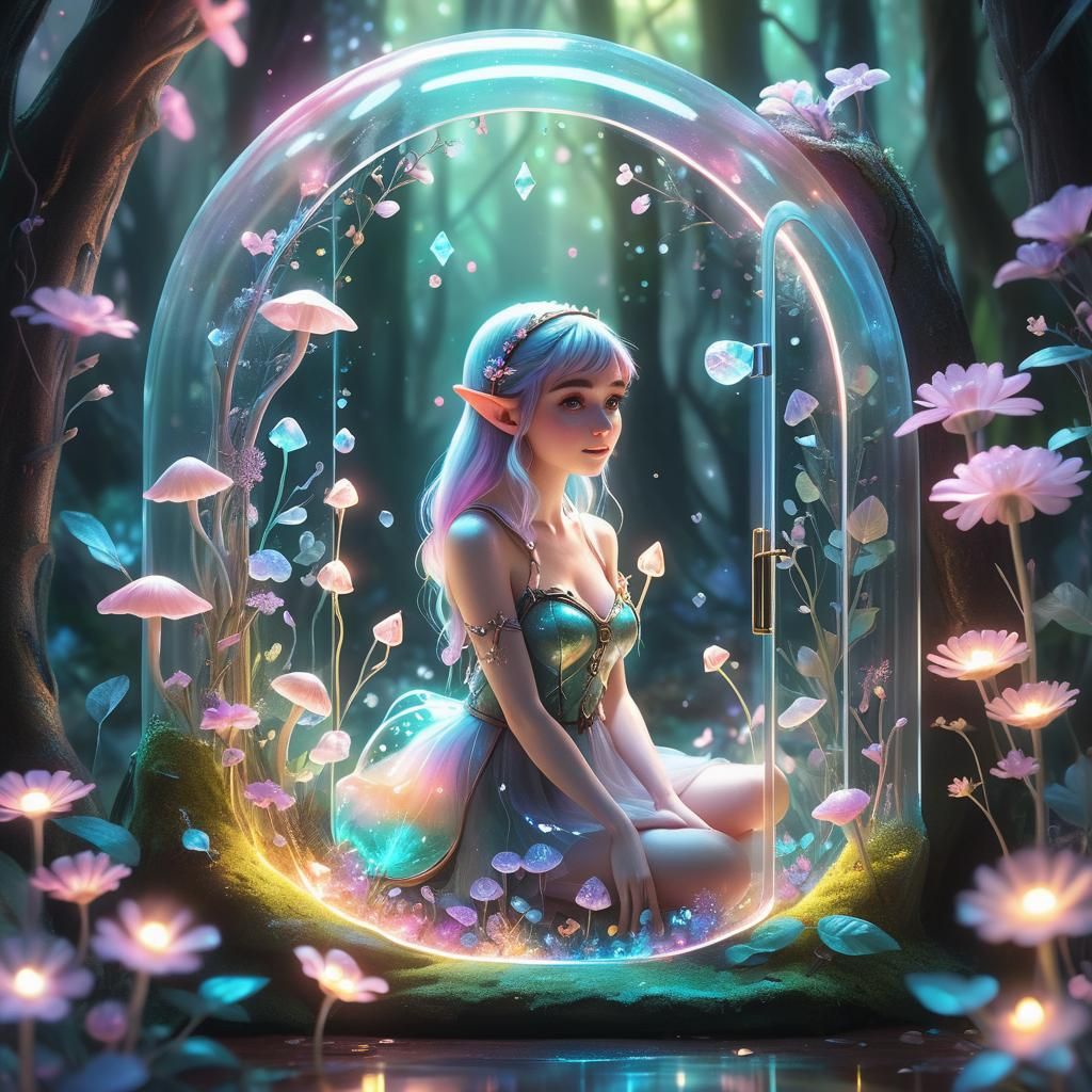 Elf Girl at Crystal Snail Home in Magic Forest