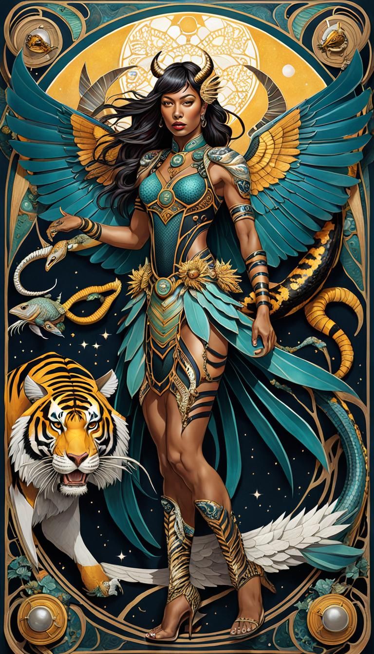 Cosmic Chimera Girl in Art Nouveau Style