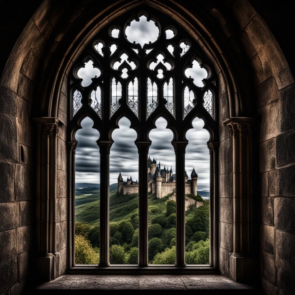 Moody Gothic Window View of a Castle