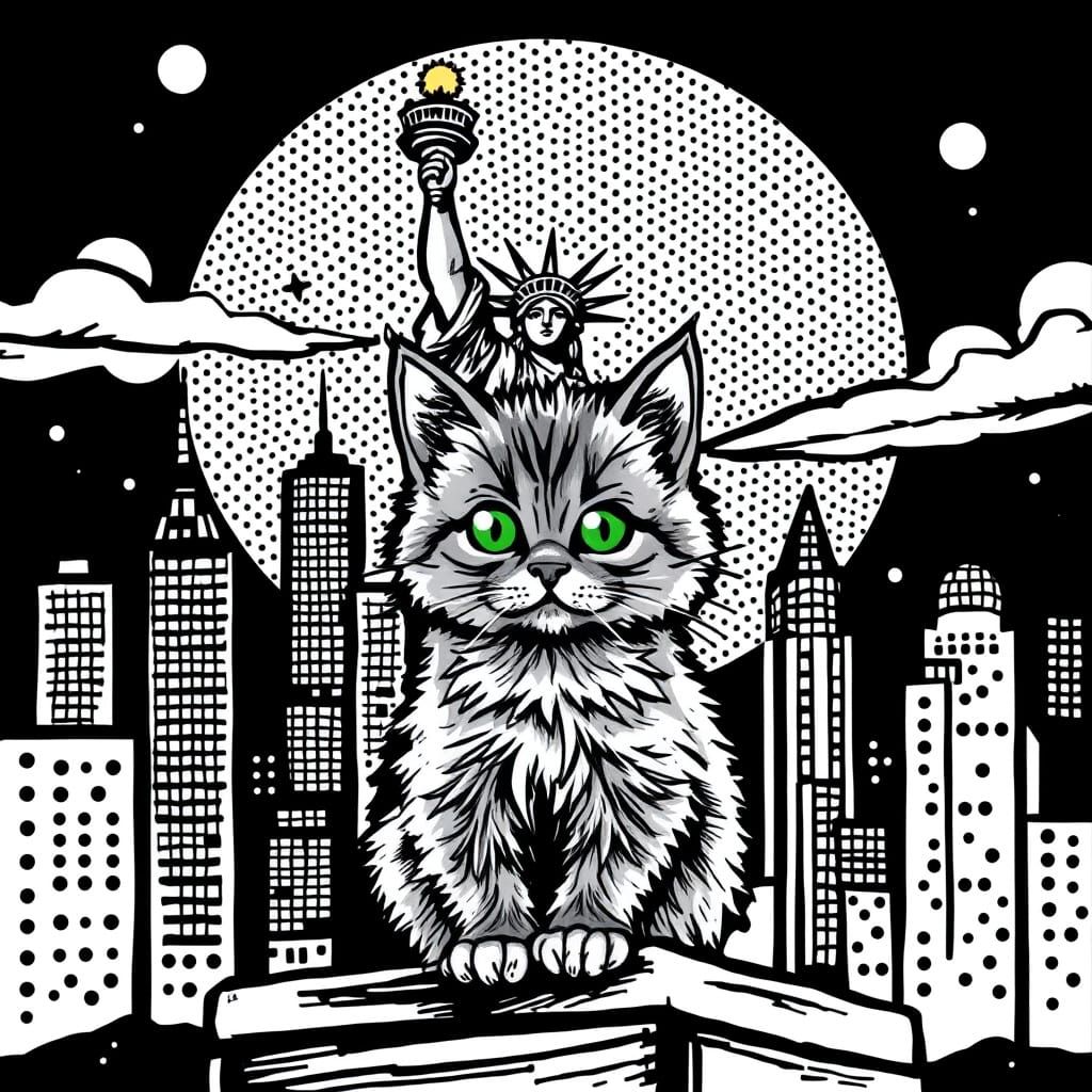 Whimsical Grey Cat at Liberty Statue in Amerika