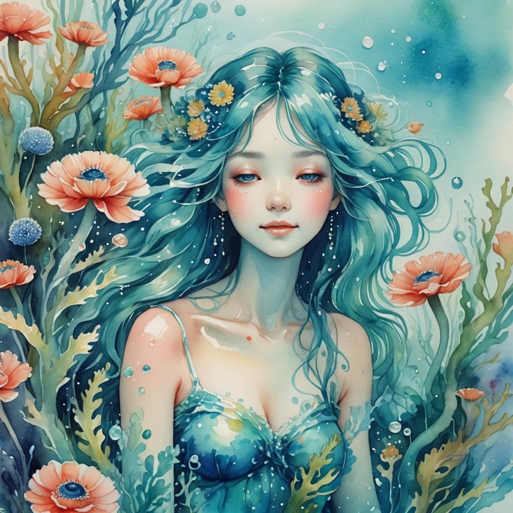 Mischievous Blue Nymph in Watercolor Art Nouveau Style