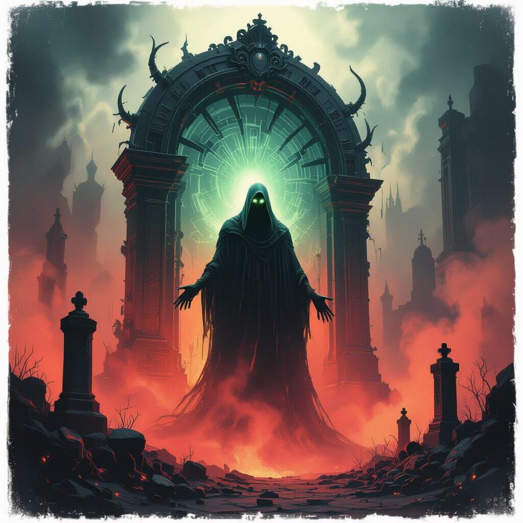 Mystical Figure Rises: A Cyberpunk Biomechanical Vision