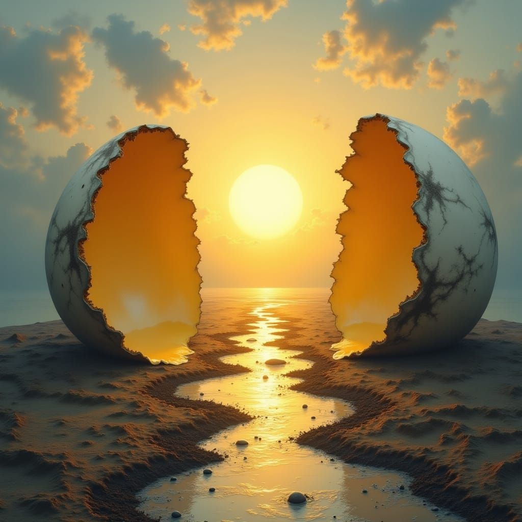 Giant Eggshells Sunrise: Surrealist Construction by River