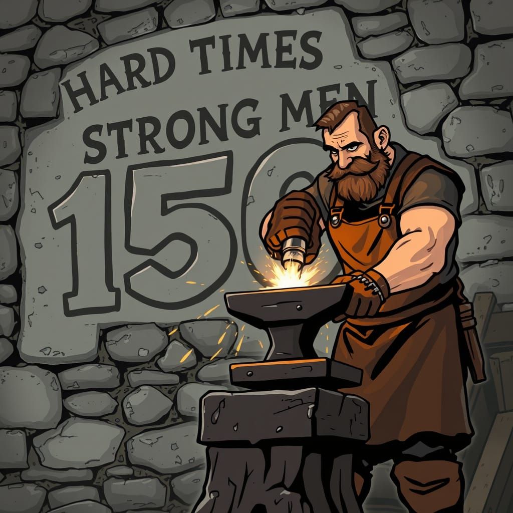 Blacksmith Forging Number 150 in Gritty Animation Style