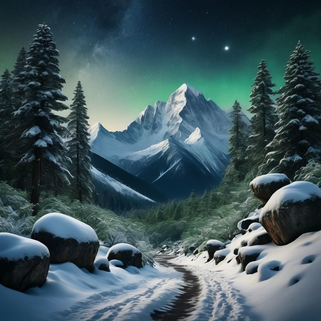 Magical Winter Mountain Scene at Night