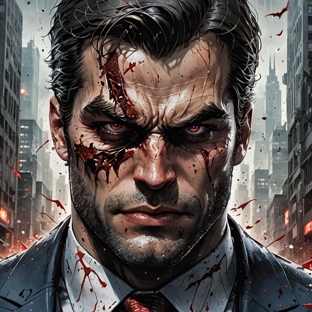 Battle-Damaged Man with Bloody Face in Comic Artstyle