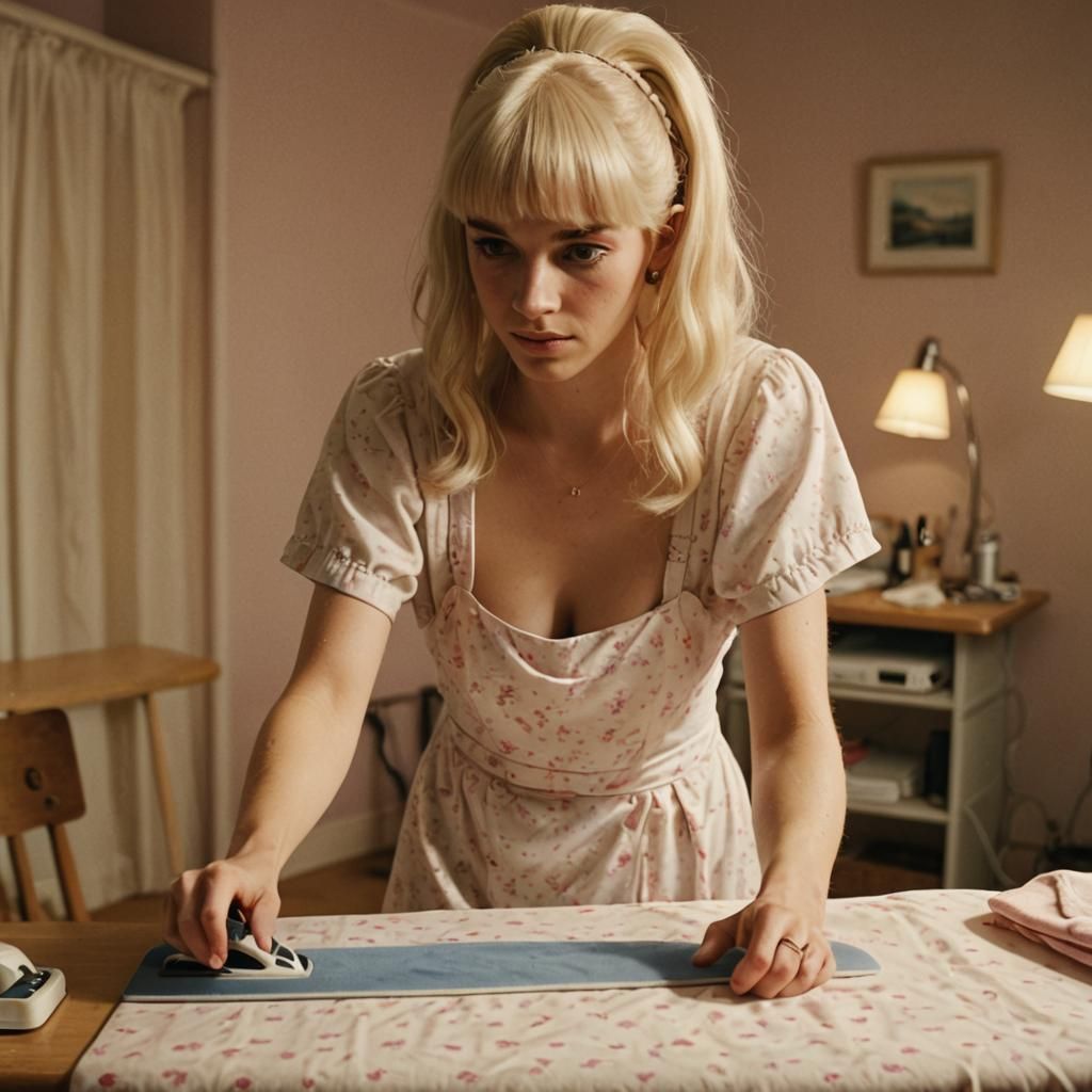 Boy in Babydoll Nightie Ironing: Cinematic Film Still