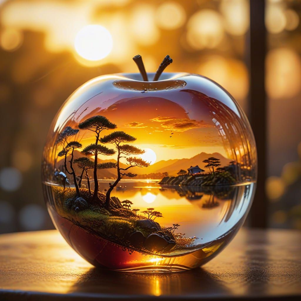 Japanese Landscape Inside Glass Apple, Macro Oil Painting