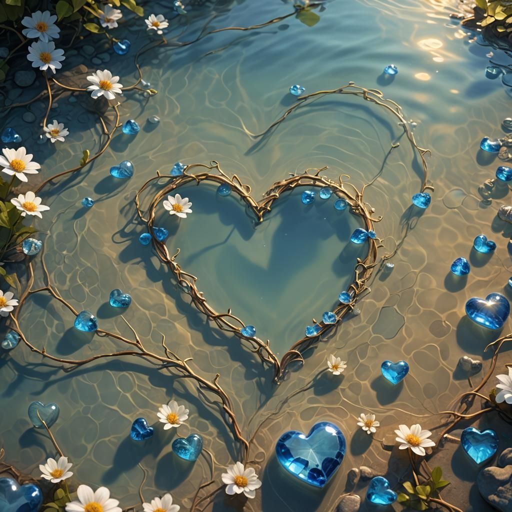 Heart with Glowing Stones in Clear Water