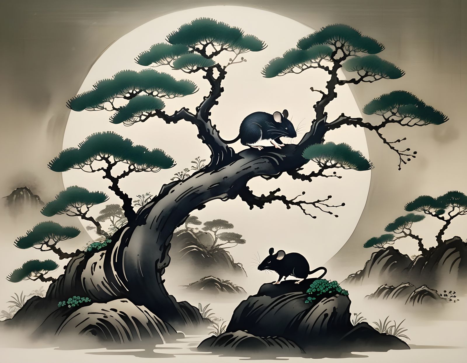 Surreal Bonsai Tree Landscape in Moonlit Japanese Style
