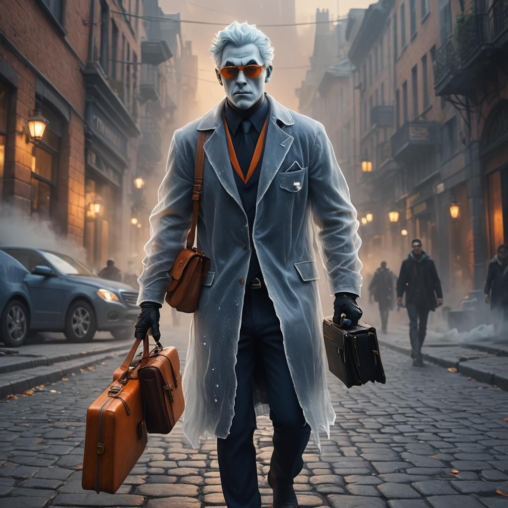 Ghost in Sunglasses Stands on Cobblestone Street