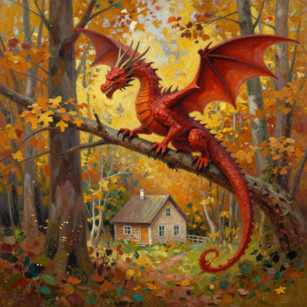 Majestic Red Dragon in Autumn Forest with Cozy House