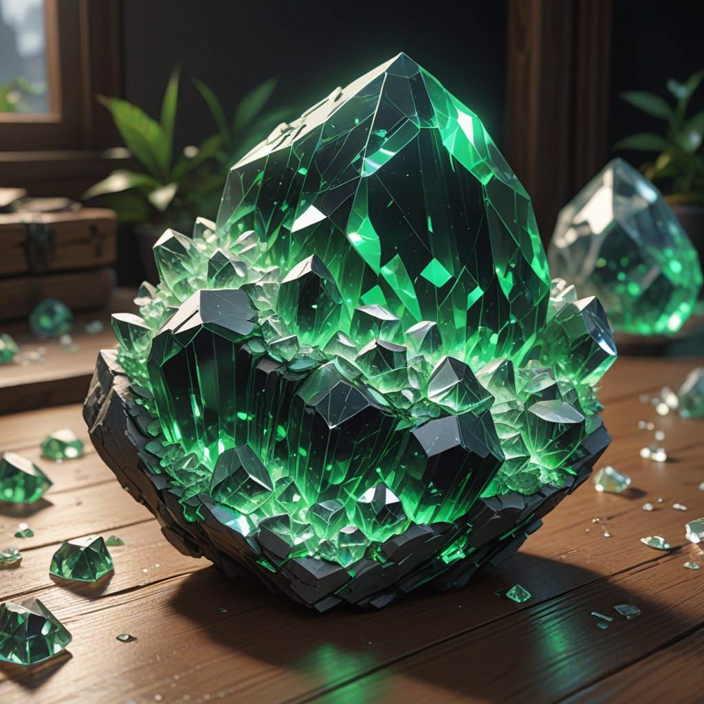 Surreal Close-Up of a Glowing Green Crystal in Dazzling Deta...