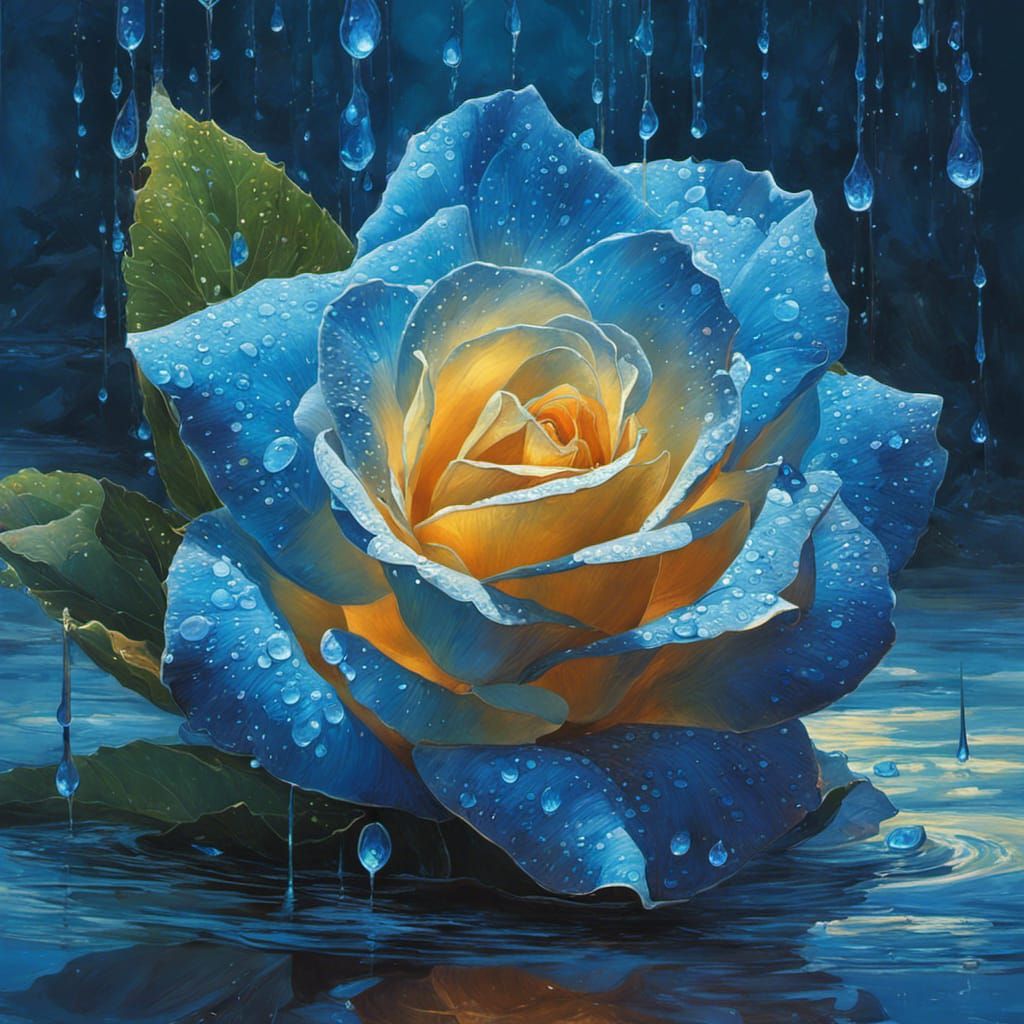 Bioluminescent Blue Rose with Waterdrops