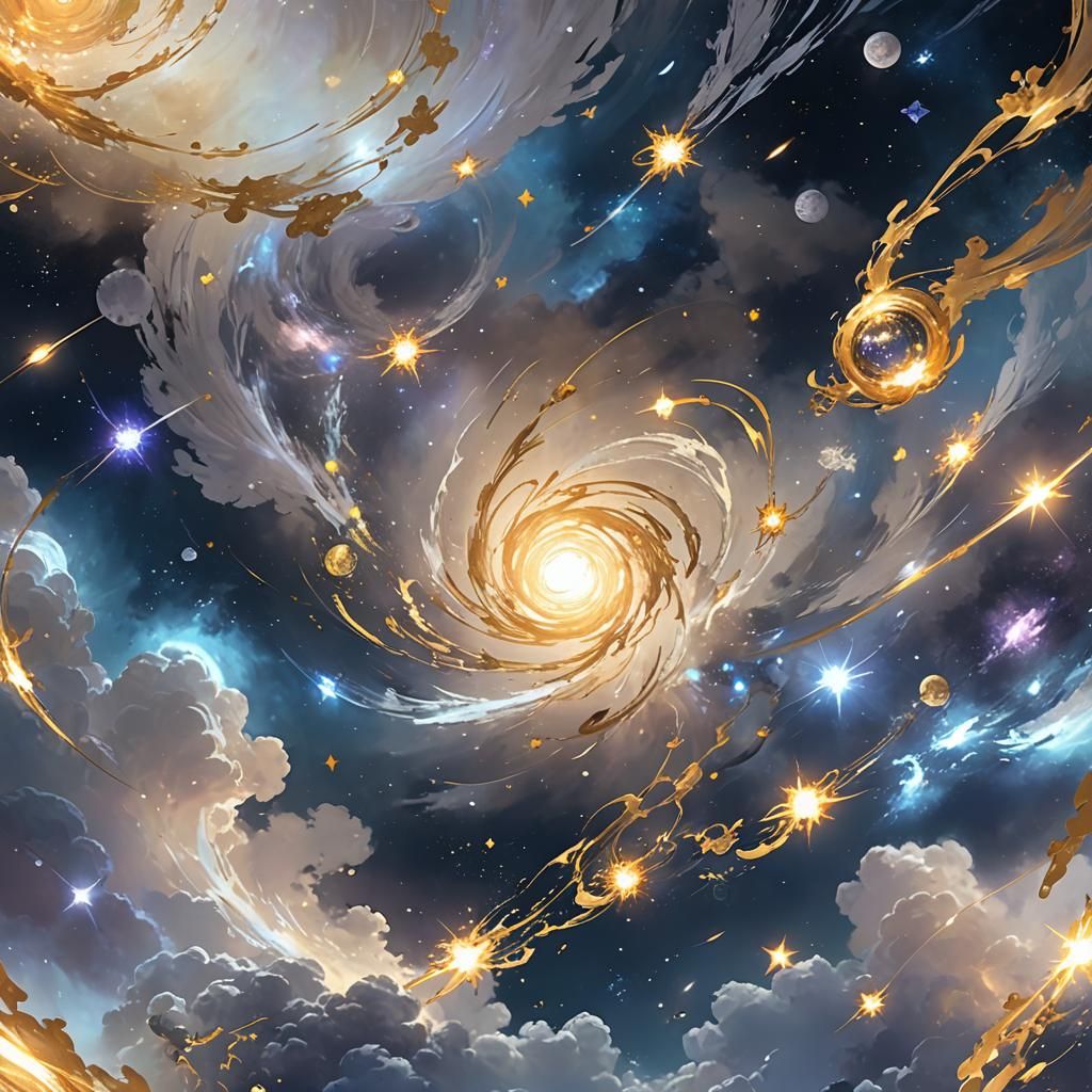 Serene Galaxy with Silver and Gold Accents in 3D Anime Art