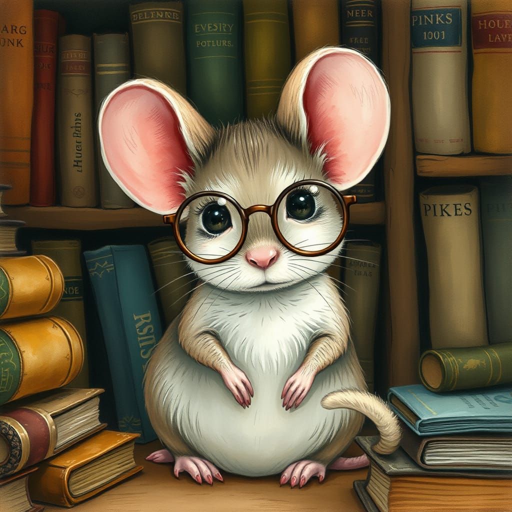 Mouse with Glasses in Whimsical Library Scene