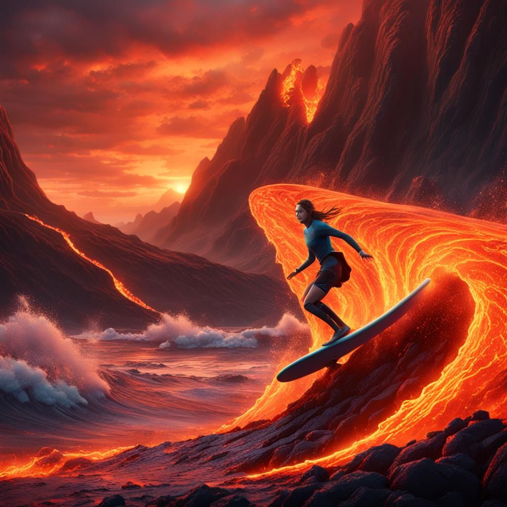 Girl Surfing a Lava Wave: Fantasy Concept Art