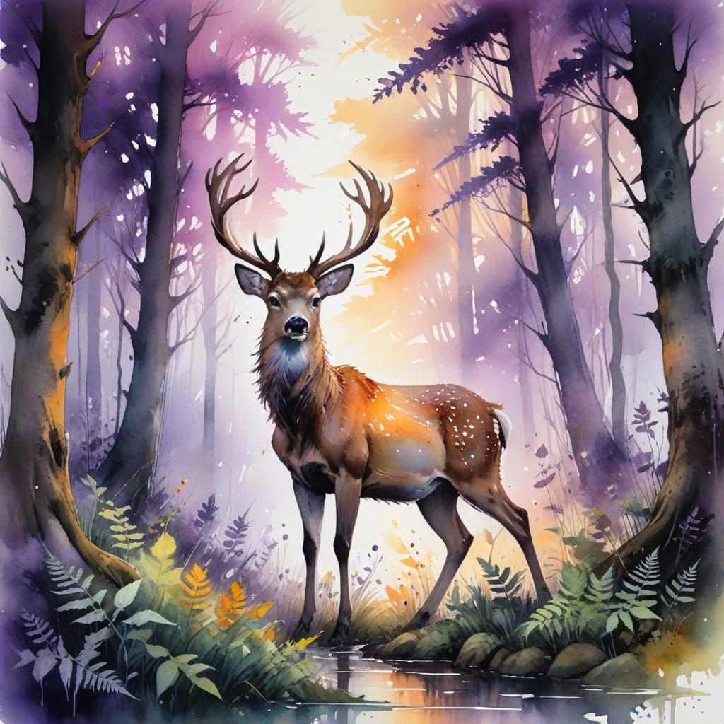 Forest Glade at Dusk in Whimsical Watercolour Style