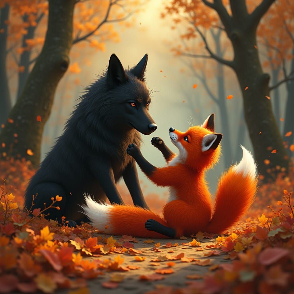 Mischief in the Mystical Forest, Playful Fox and Wolf