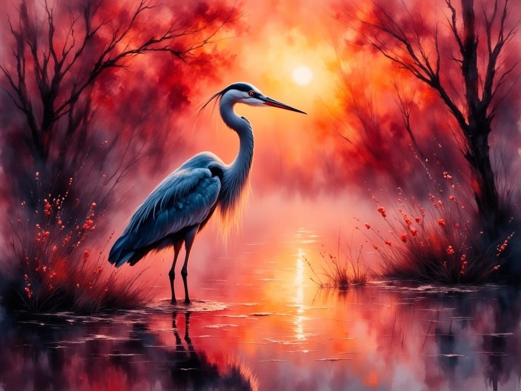 Vibrant Everglades Sunset with Heron in Impasto Oil Painting...