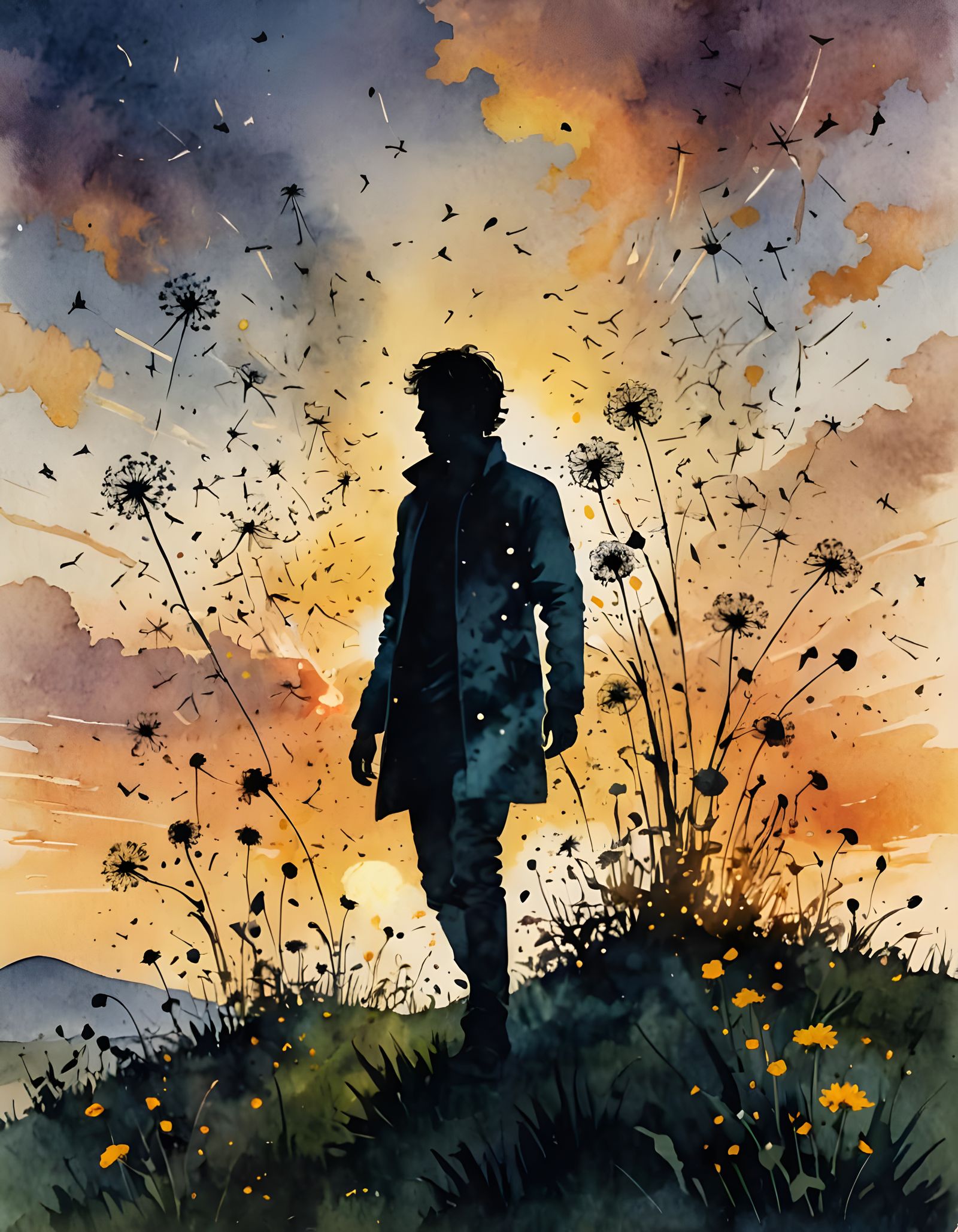 Man Disintegrating into Dandelions at Sunset, Watercolor