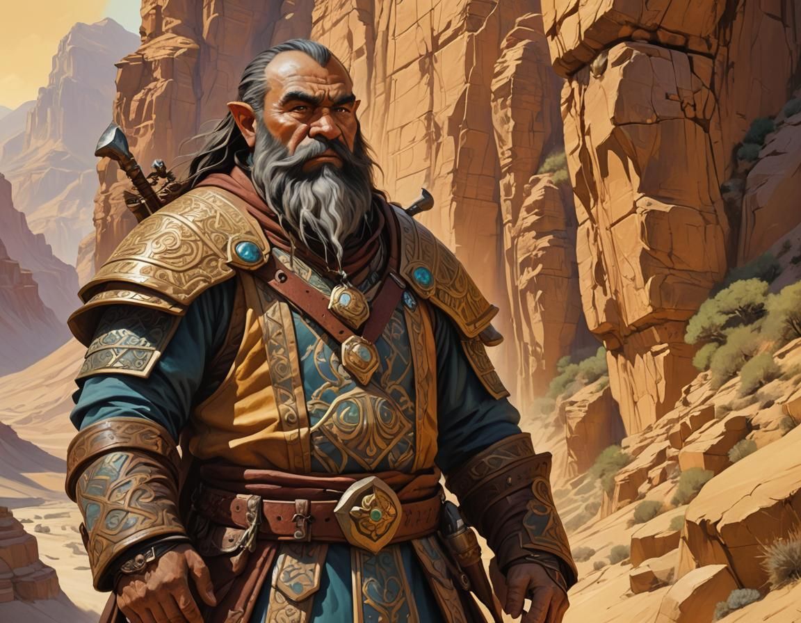 Dwarf in Khotan Clothes near Desert Canyon
