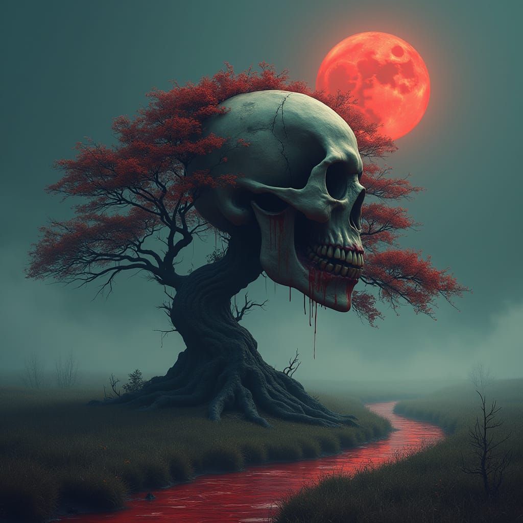 Creepy Skull Bonsai Tree in Dystopian Landscape