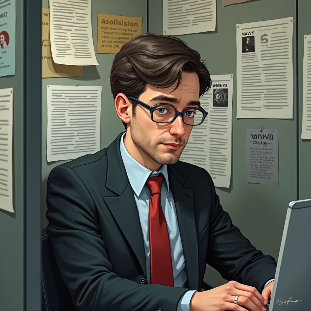 Hyperrealistic Portrait of Man Working in Cubicle