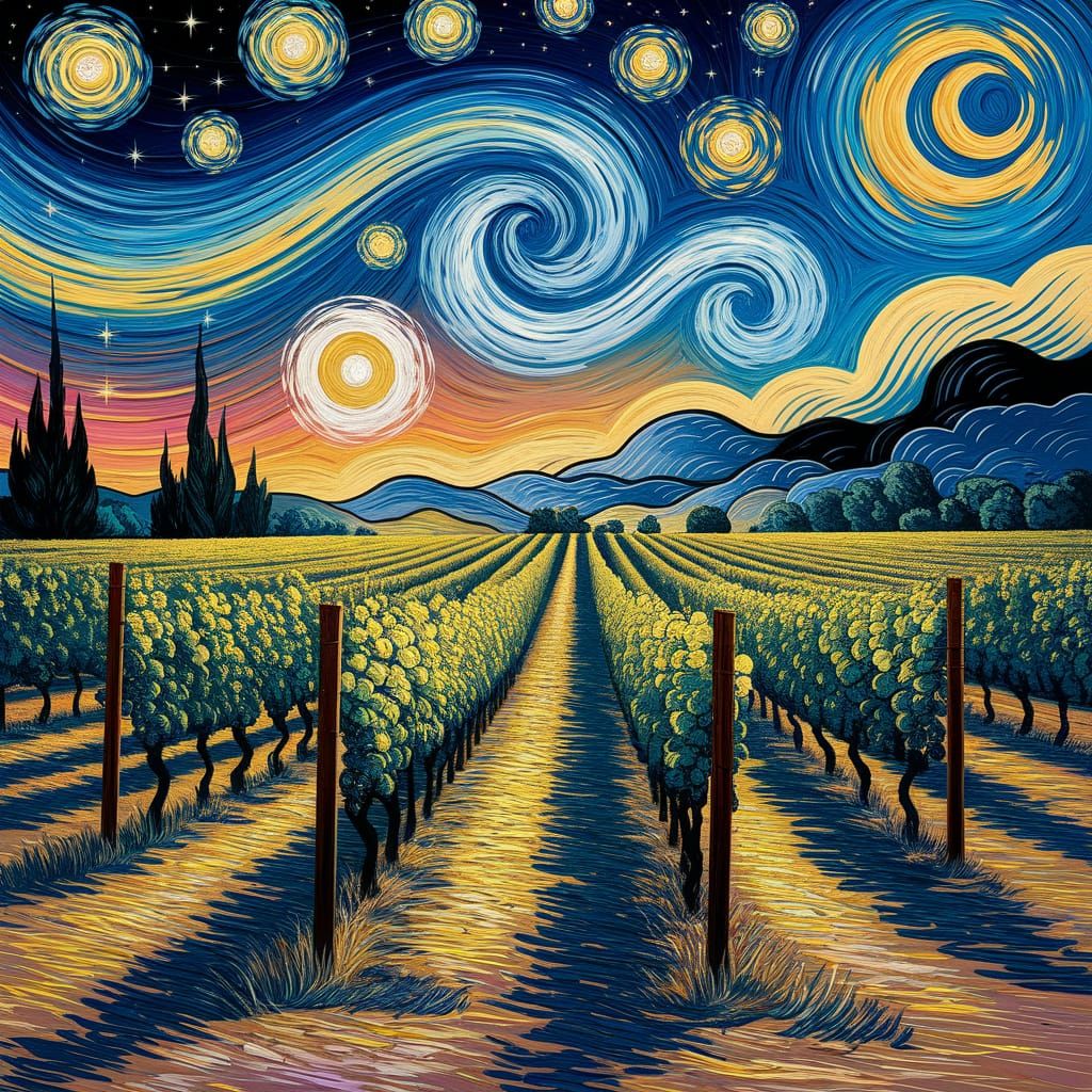 Whimsical Starry Vineyard in Vibrant Oil Painting Style