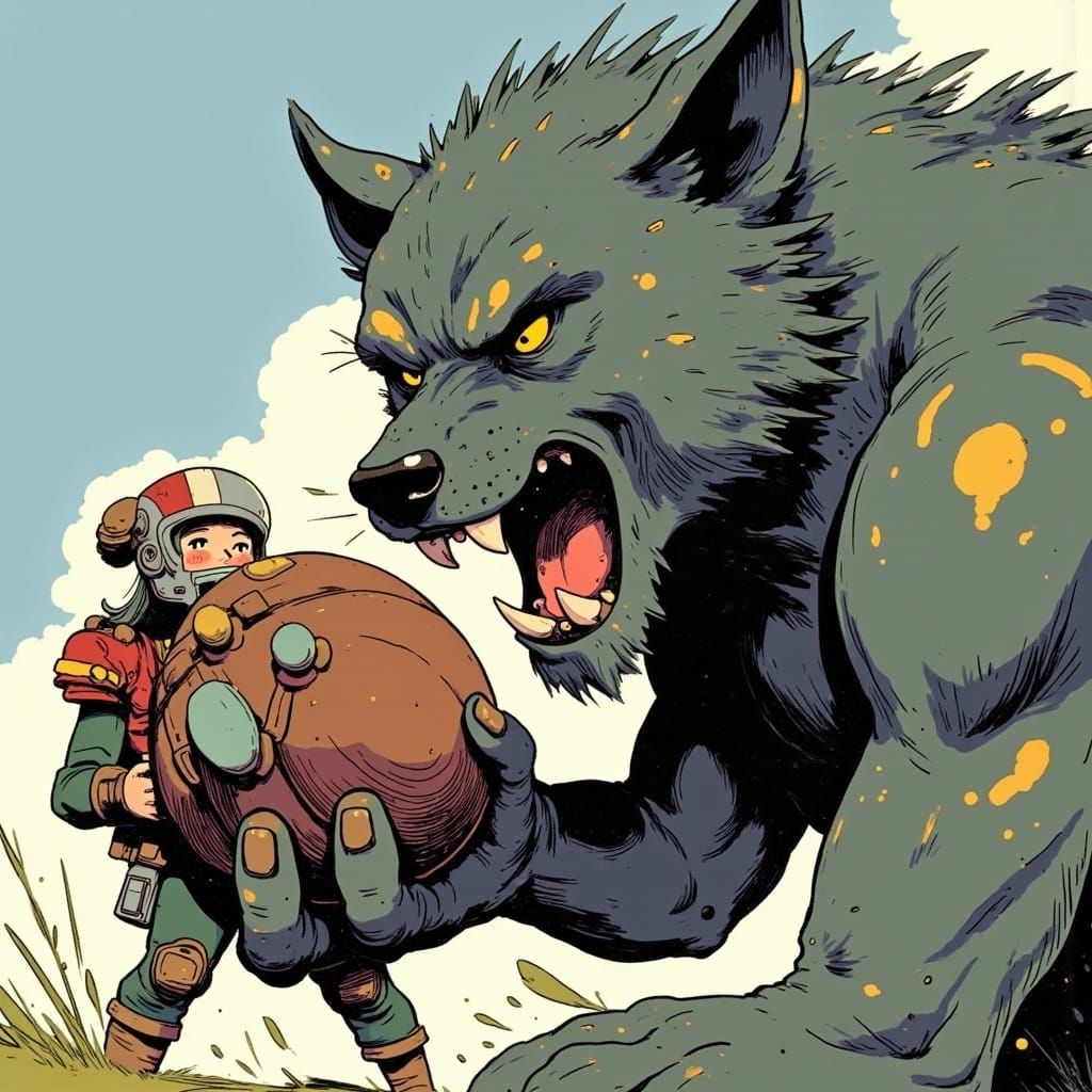 <lora:Alius:1.0>digital illustration in the style of Trina Schart-Hyman :: A close-up of a werewolf wide receiver snarli...