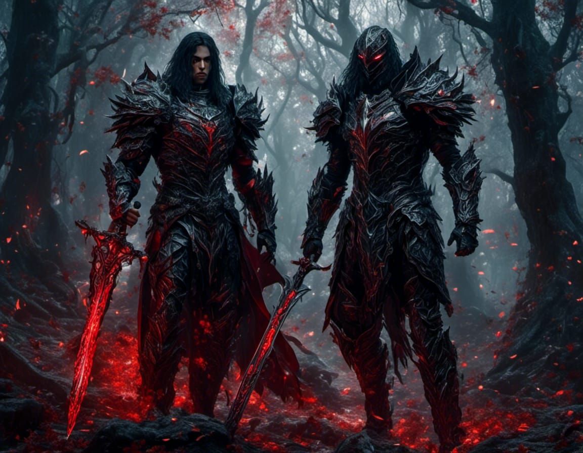 Brothers in Black Armor with Swords in Woods