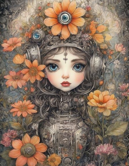 Futuristic Flower Robot in a High-Tech Setting