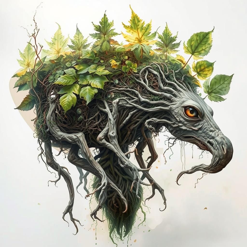 Surreal Root Creature in Dystopian Cityscape