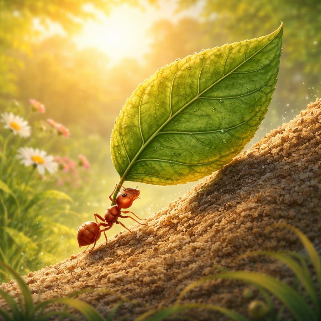 Tiny Ant Carries Leaf Up Anthill at Sunrise