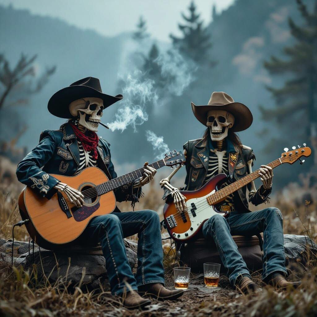 Skeletons Play Guitars in Cowboy Outfits