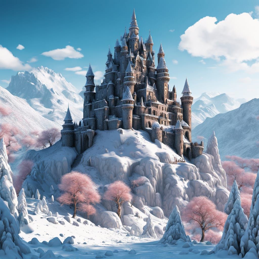 Futuristic Castle on Snowy Mountain in Cyberpunk Style