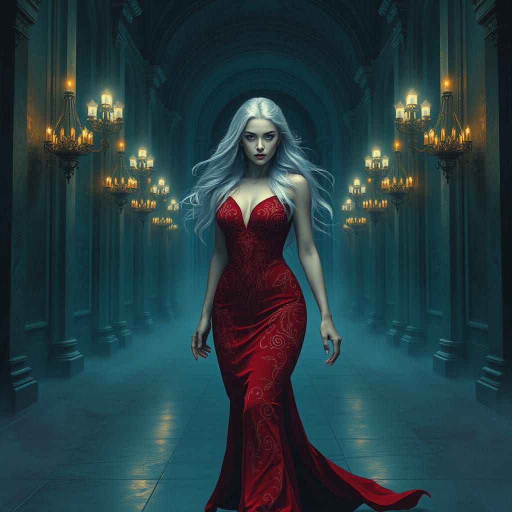 Ethereal Beauty in a Dark Grand Hall