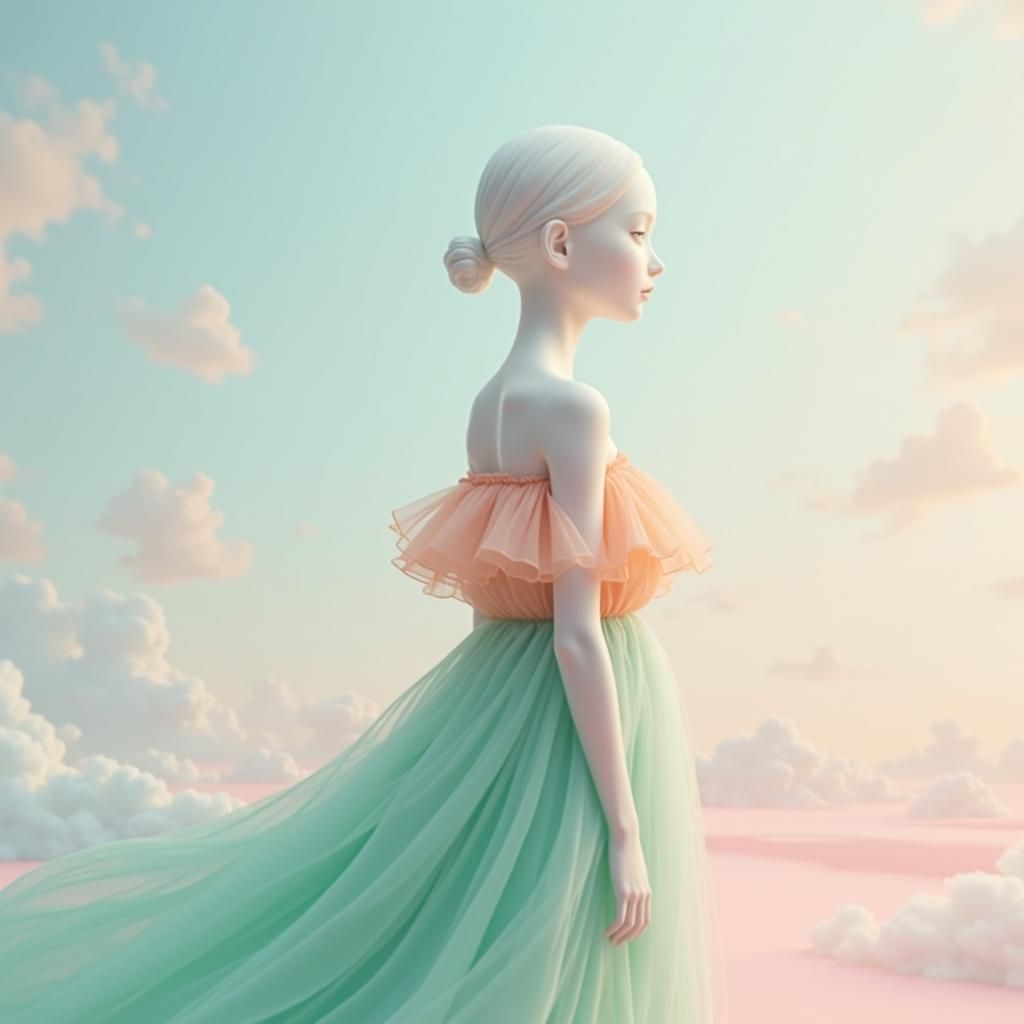 Ethereal Faceless Woman in Pastel Landscape Concept Art