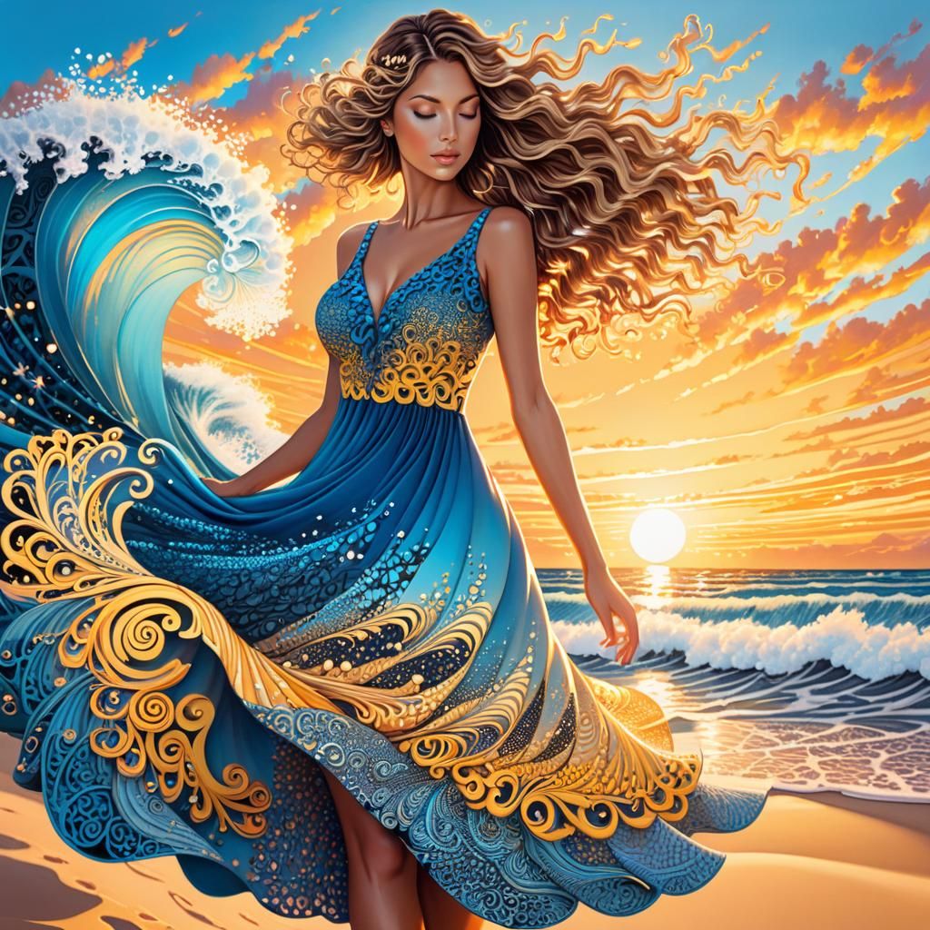 Glowing Zentangle Sunset with Ocean Waves