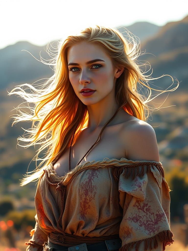 Viking Woman in Sunlight: Hyperrealistic Splash Art