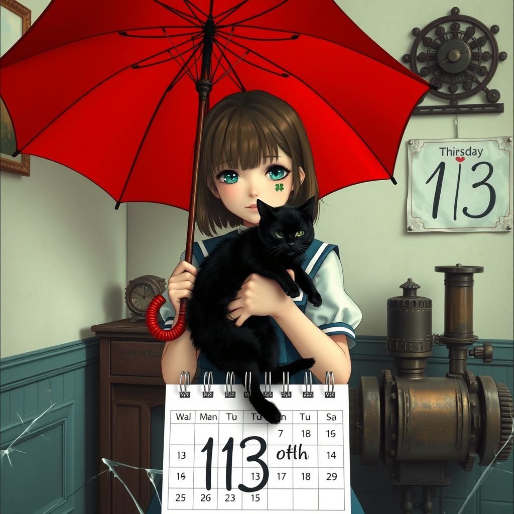 Girl with Umbrella, Cat, and Steampunk Engine