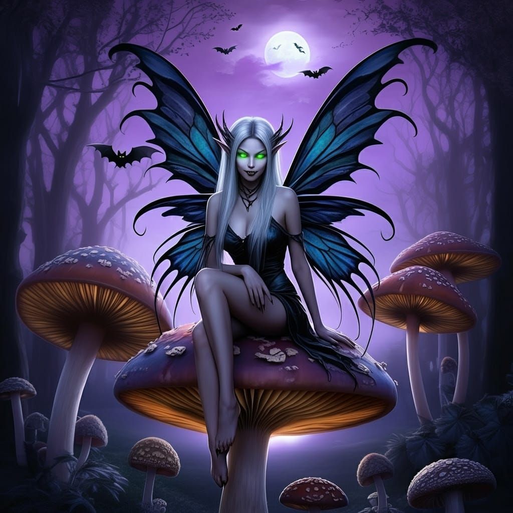 Dark Fairy in Violet Night Sky with Bats