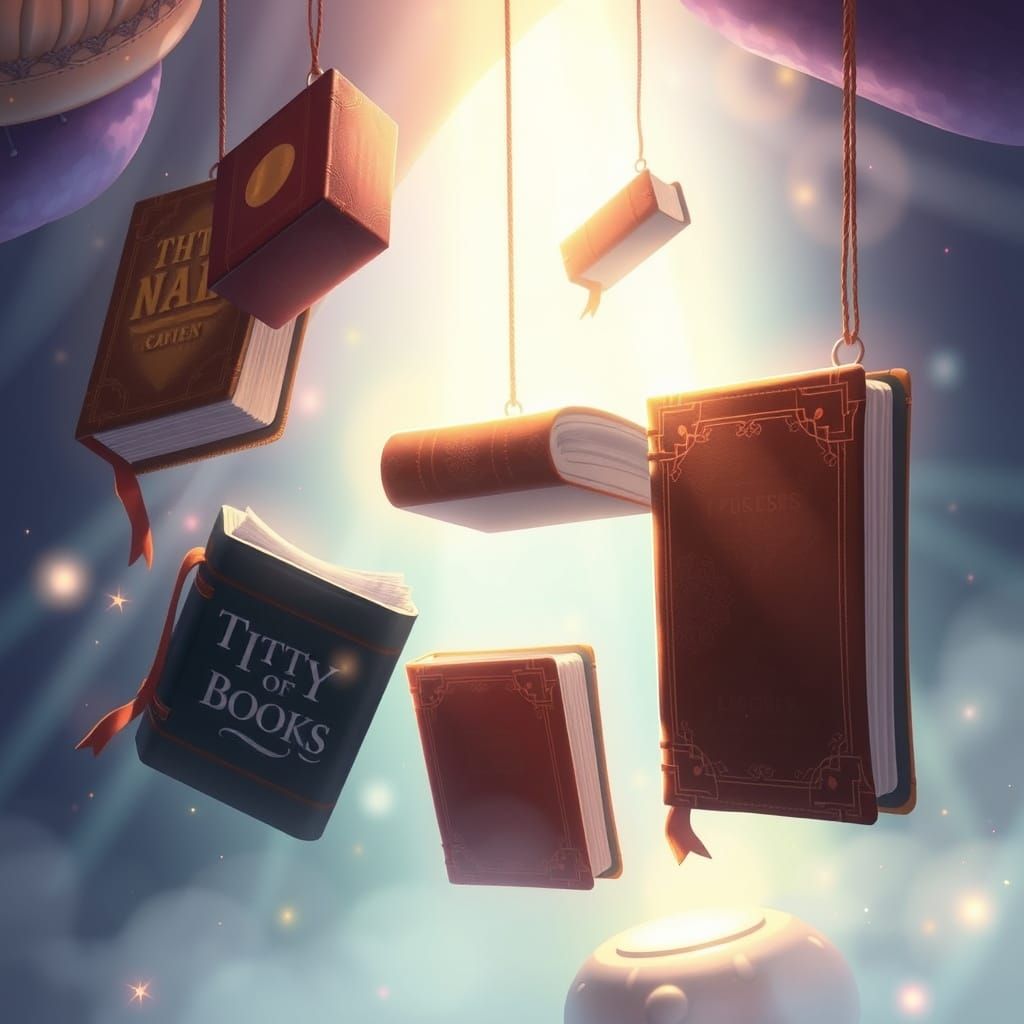 Magical Books Floating with Ethereal Glow, Fantasy Digital A...