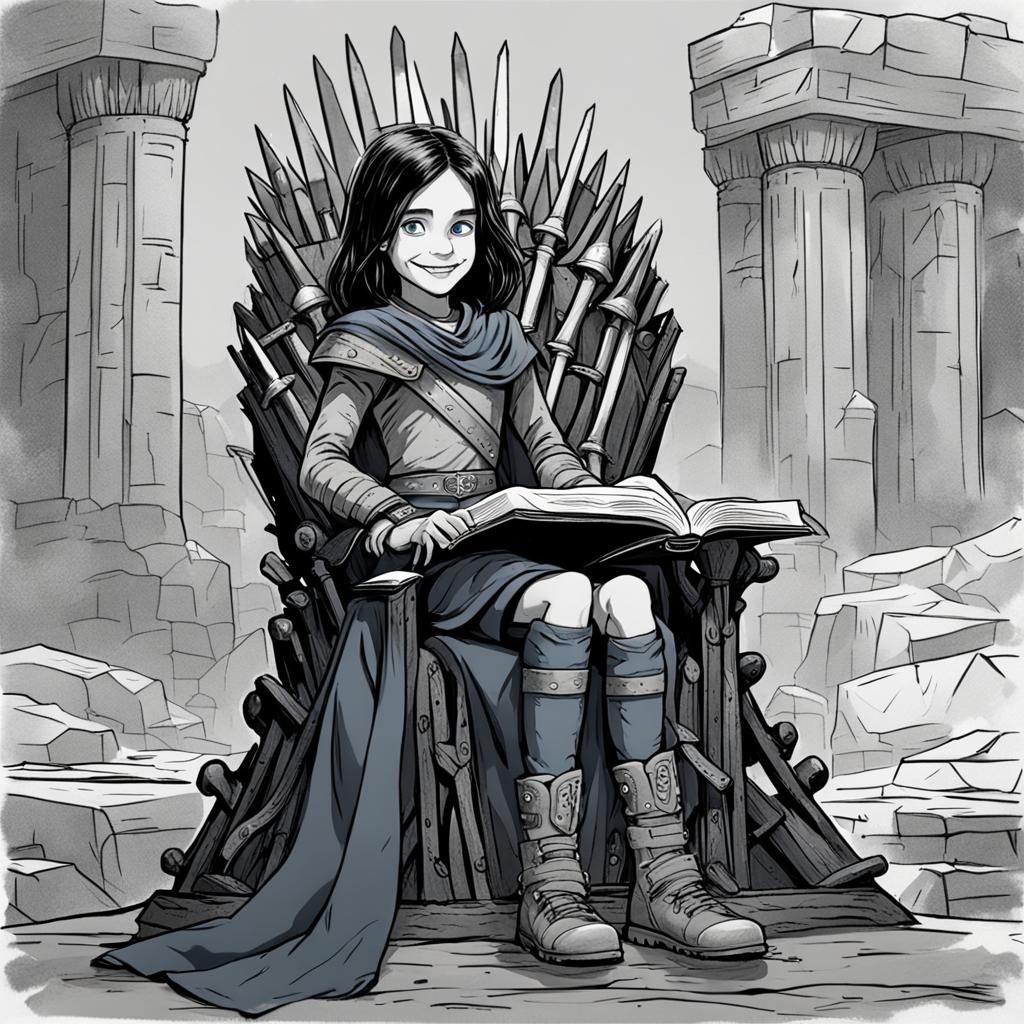 Girl on Iron Throne with Book