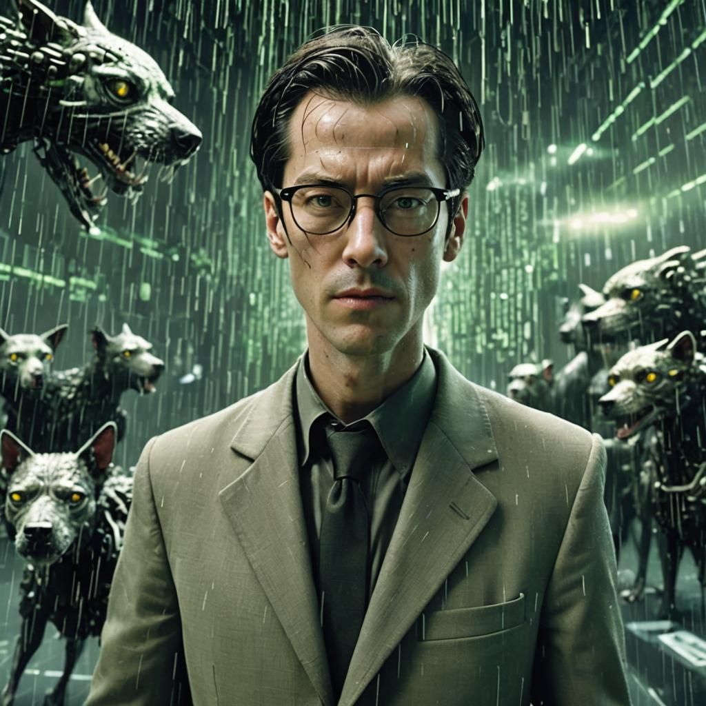 A human-dog-creature fusion with  Mr. Smith of Matrix, glass...