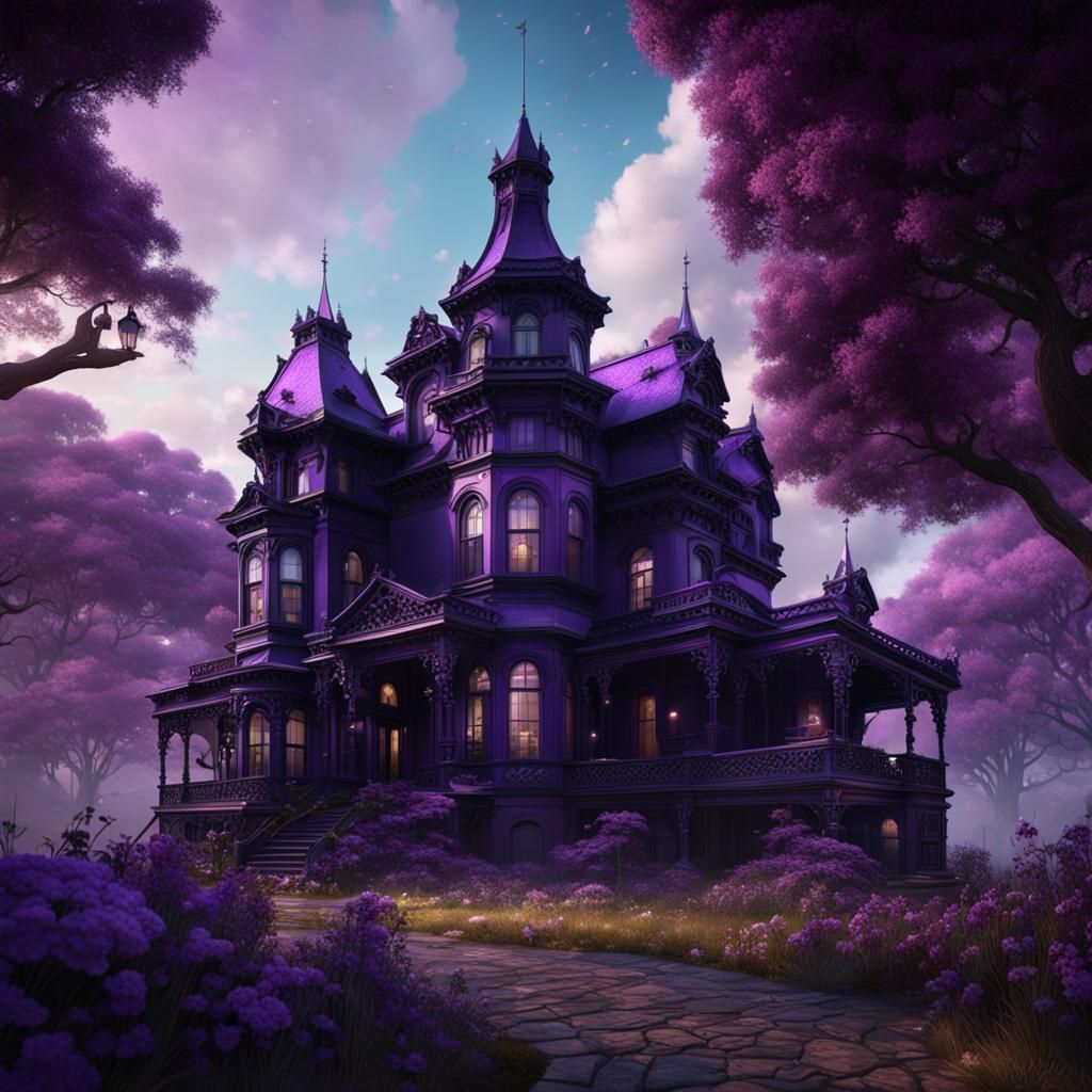 Purple and Black Victorian Mansion in Detailed Painting