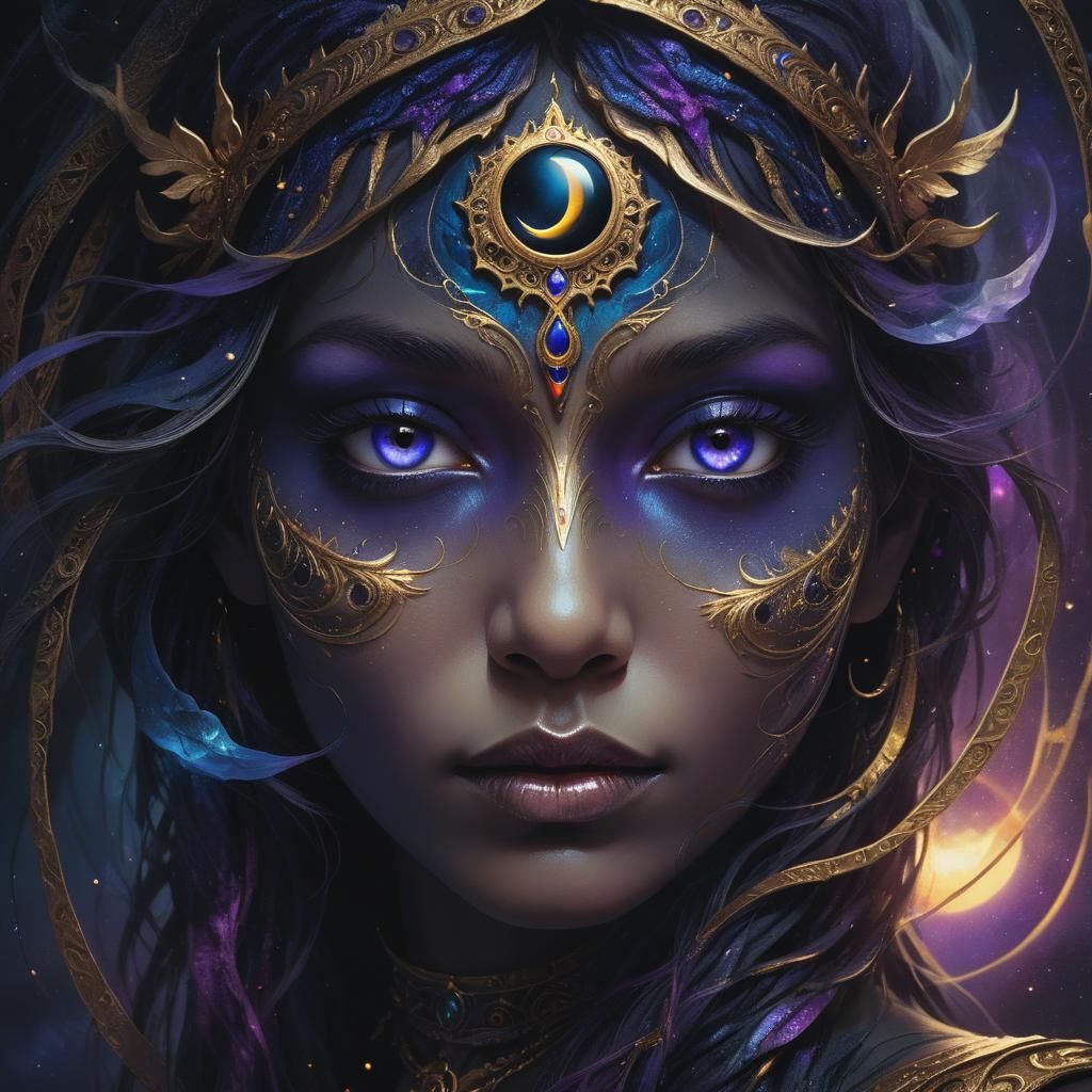 Mystical Face Portrait under Black Moon in Fantasy Art