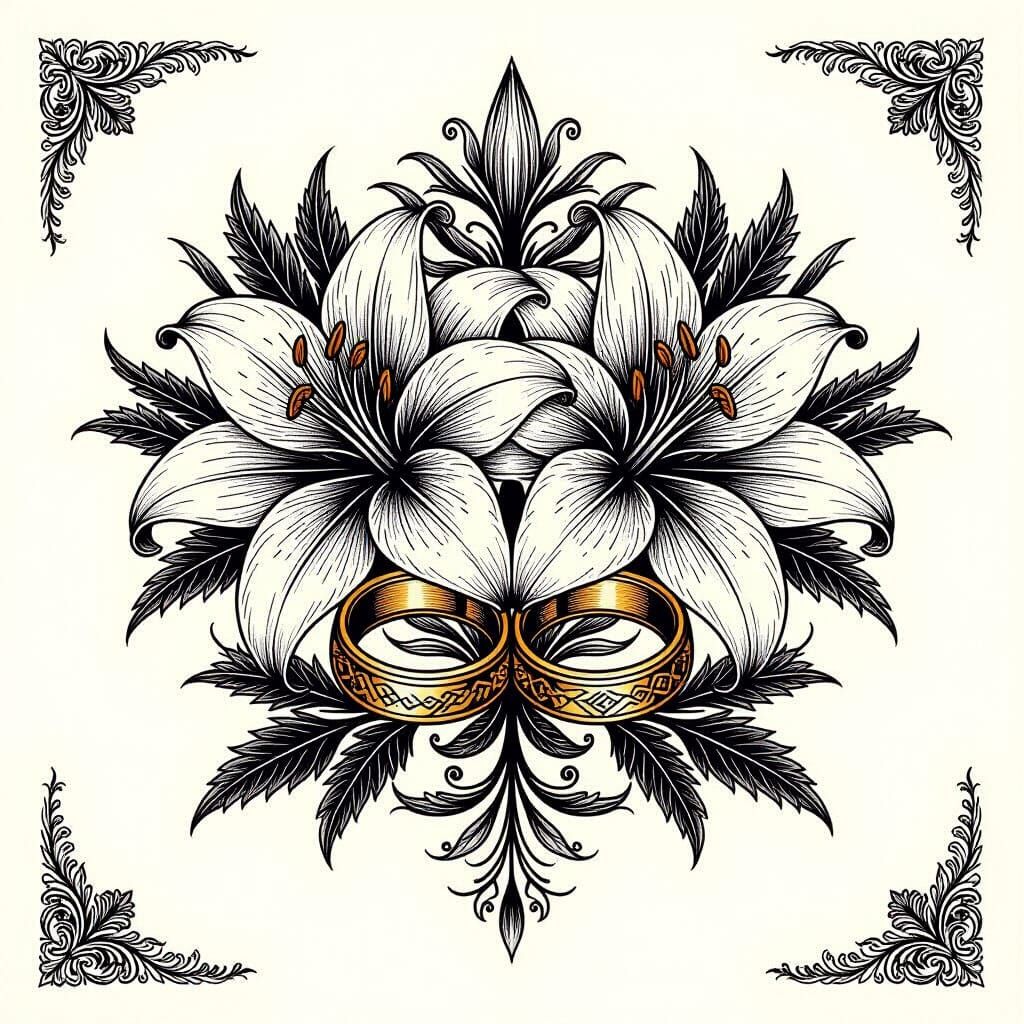 Lily Flowers and Wedding Rings in Black Ink Illustration