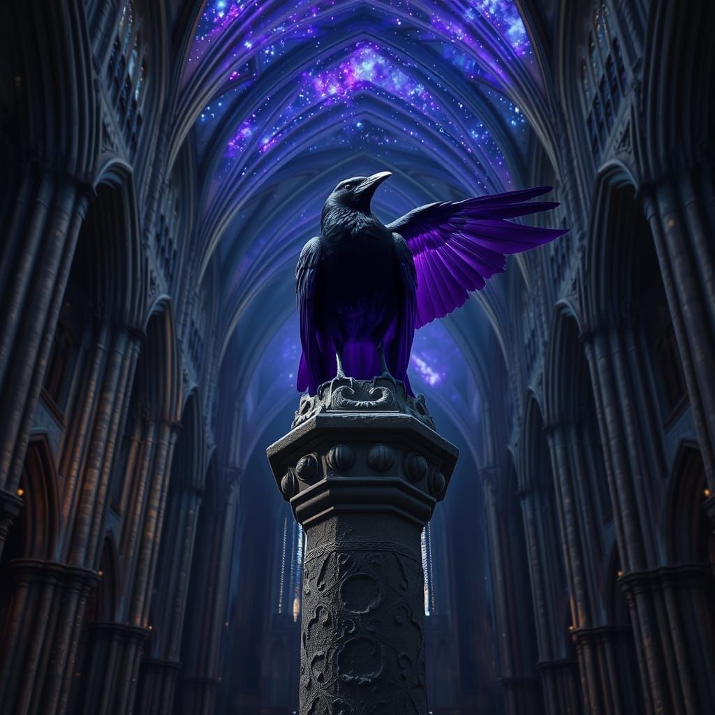 Gothic Raven Radiates Purple Aura in Celestial Cathedral