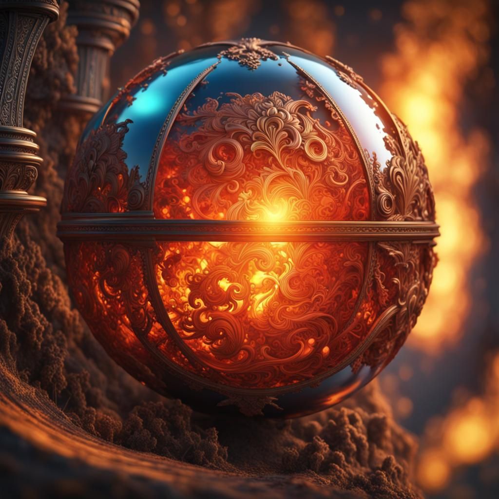 Fiery Magic Ball in the Abyss: Detailed Digital Painting